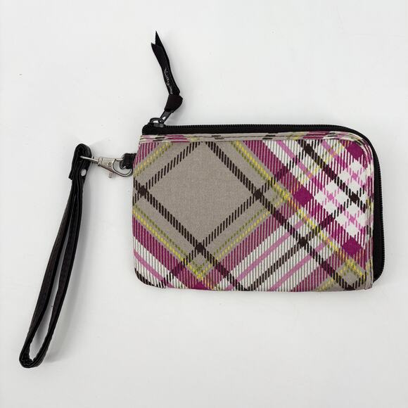 Thirty-One Plaid Wristlet Wallet, ID Card Holder, Plum Gray Black Zip Pouch - Picture 1 of 8